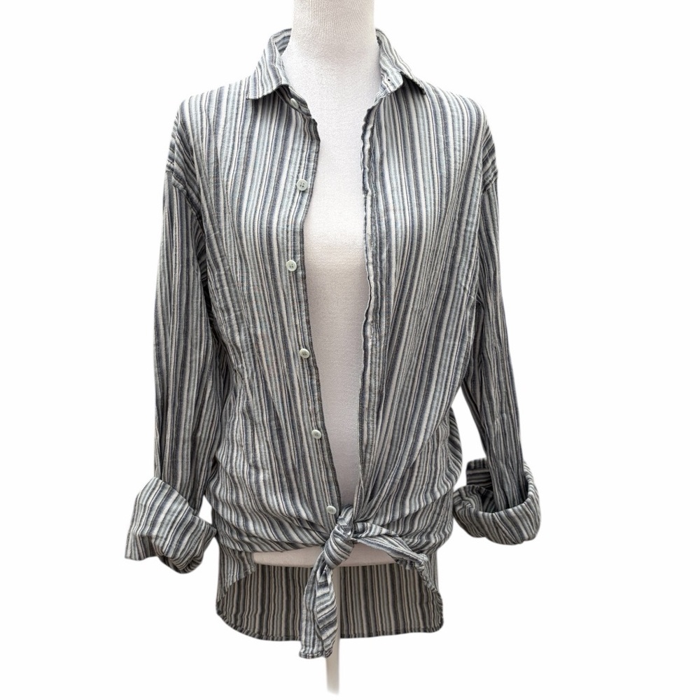 PRAO Cotton Striped Button Tunic Shirt Cover Up Top Blue Gray Beach XS Small